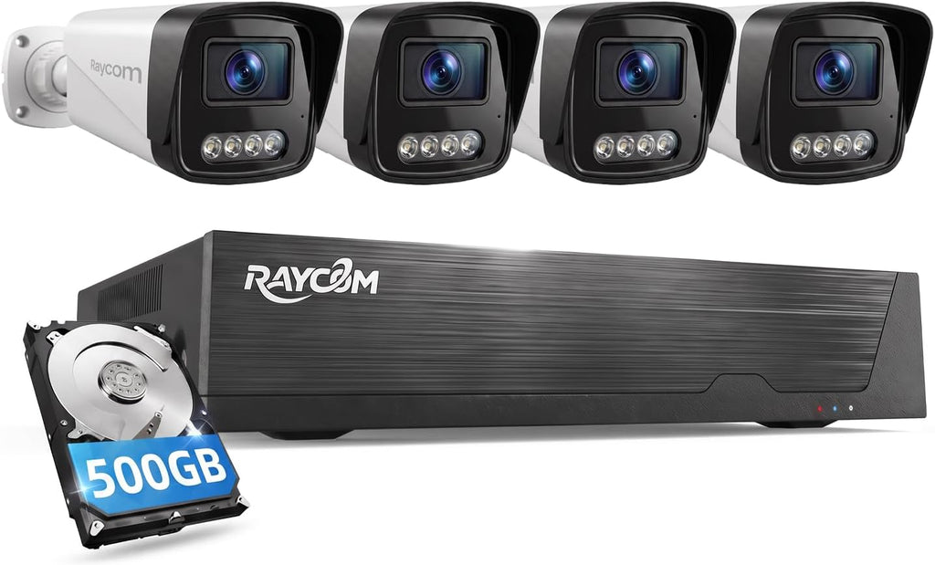 Rraycom 4CH 4MP PoE Security Camera System, Outdoor Cameras, 500GB HDD