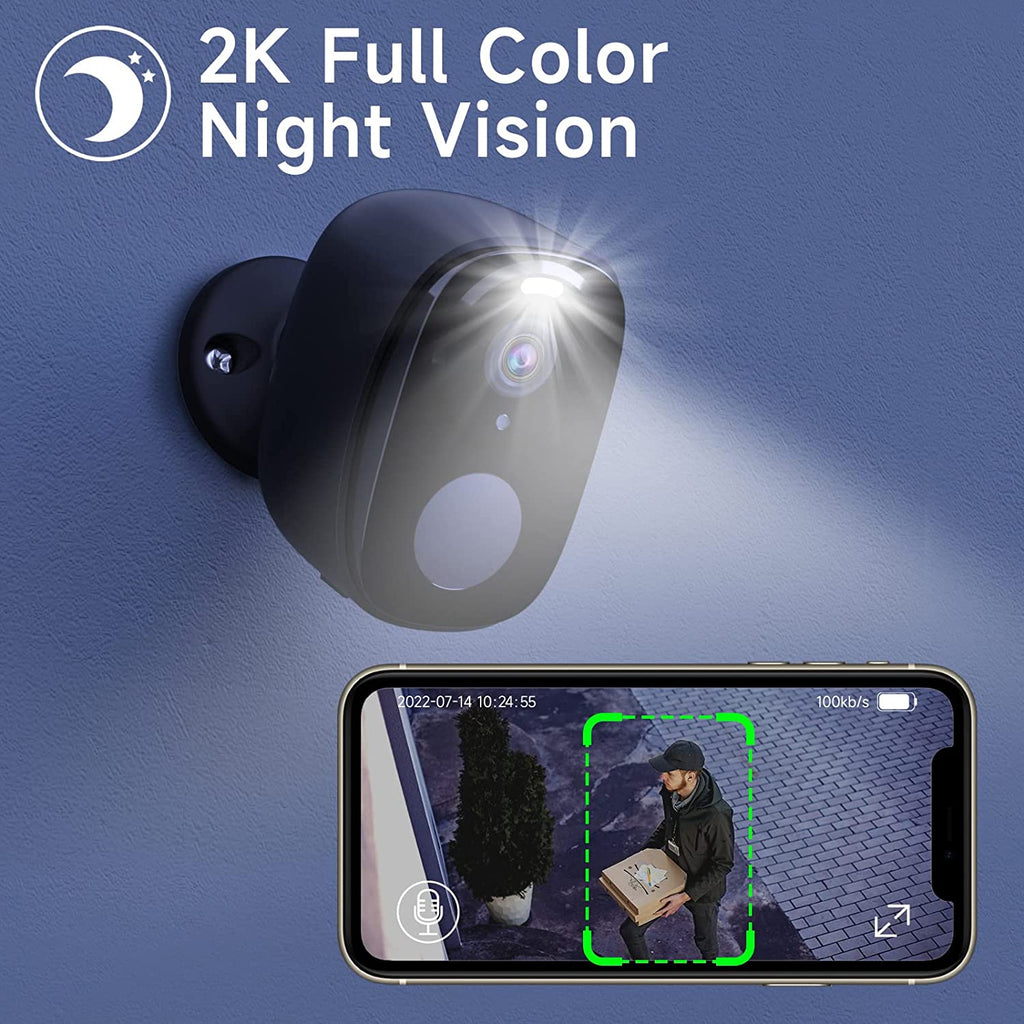 Security Cameras Outdoor Wireless, Battery Powered Wire-Free Spotlight Camera, 2K Video, 2 Way Audio, AI Motion Detection, Color Night Vision, Cloud/SD(up to 256G), Works with Alexa, Black
