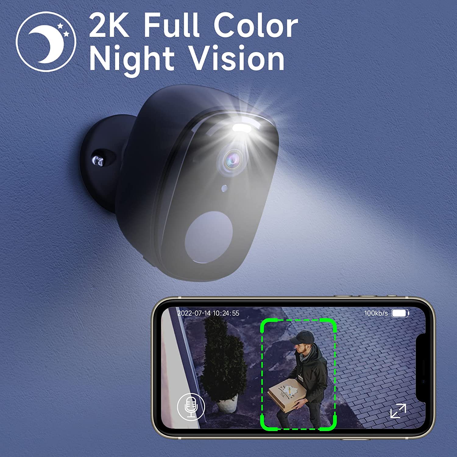 Security Cameras Outdoor Wireless, Battery Powered Wire-Free Spotlight Camera, 2K Video, 2 Way Audio, AI Motion Detection, Color Night Vision, Cloud/SD(up to 256G), Works with Alexa, Black