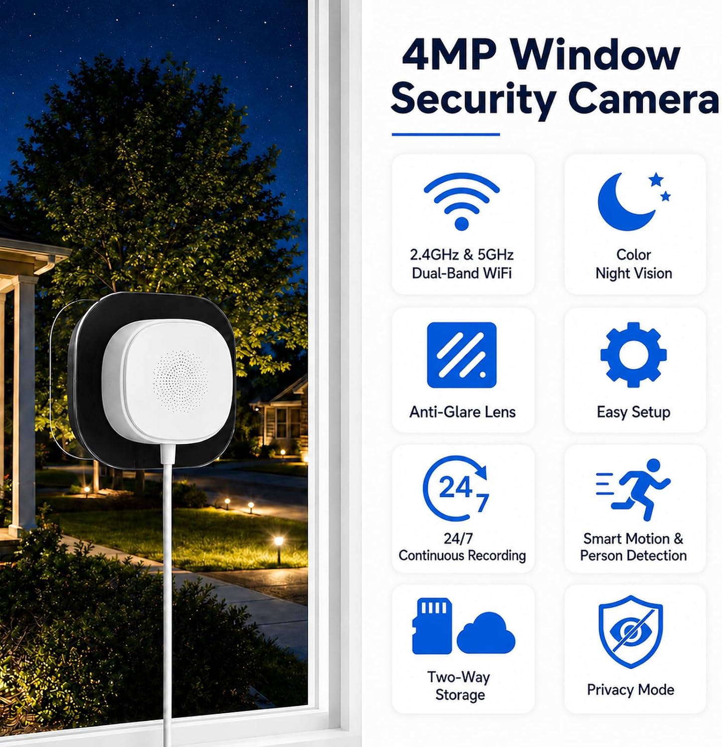 4MP 2.5K Window security Camera, 2.4G/5GHz WiFi No Drill Install-PT586
