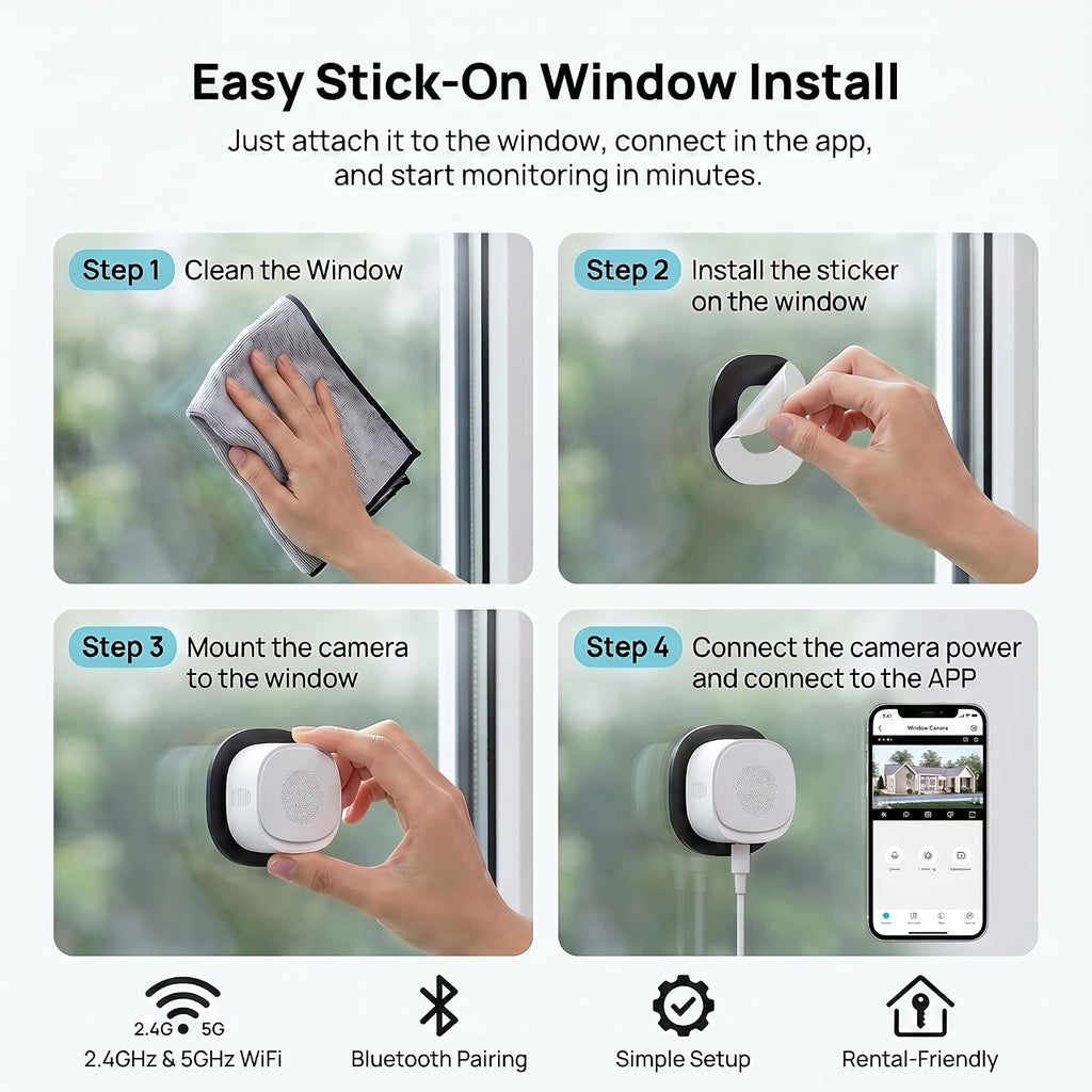 4MP 2.5K Window security Camera, 2.4G/5GHz WiFi No Drill Install-PT586
