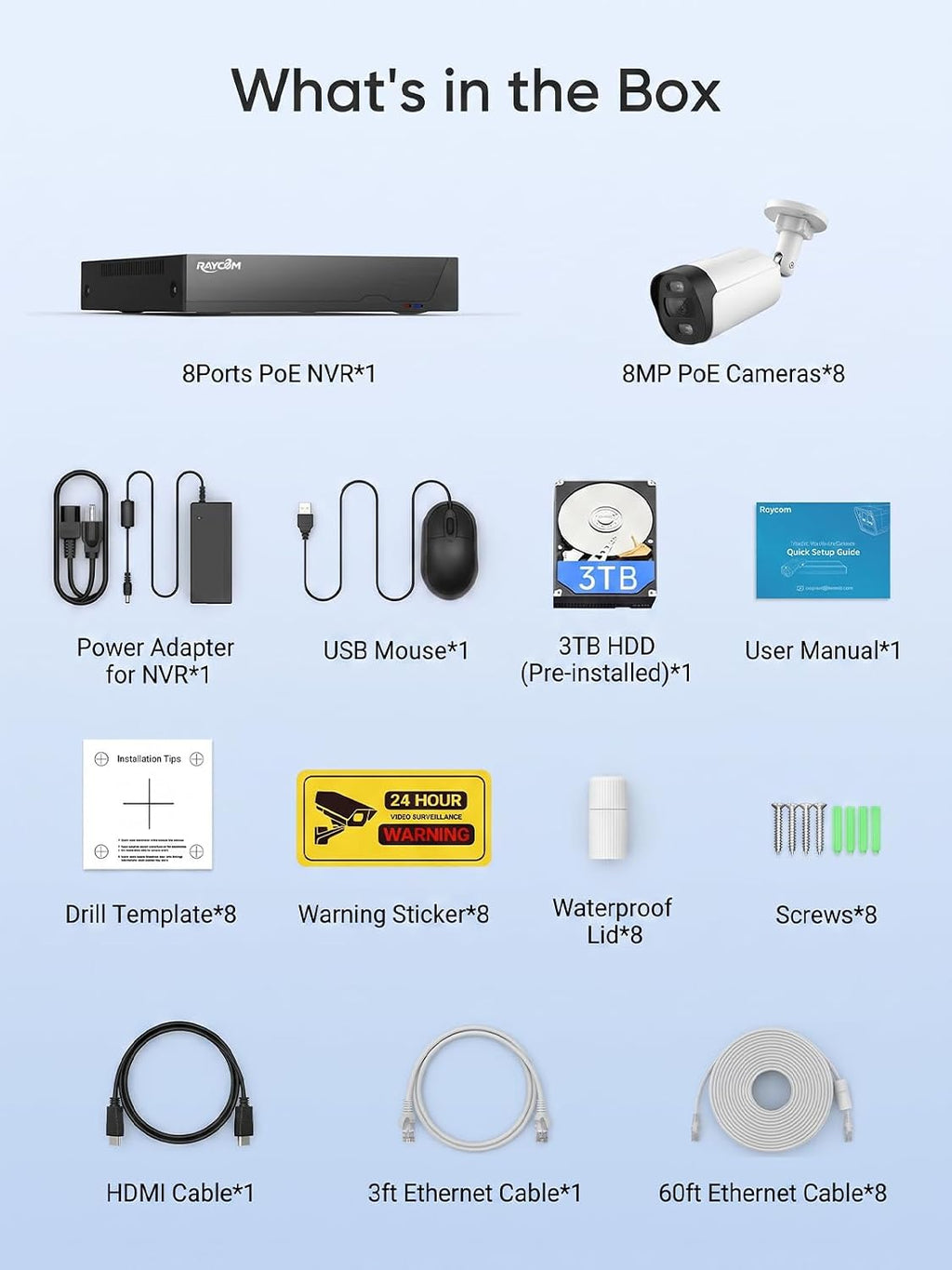 Rraycom 8CH 8MP PoE Security Camera System, Outdoor Cameras, 3TB HDD