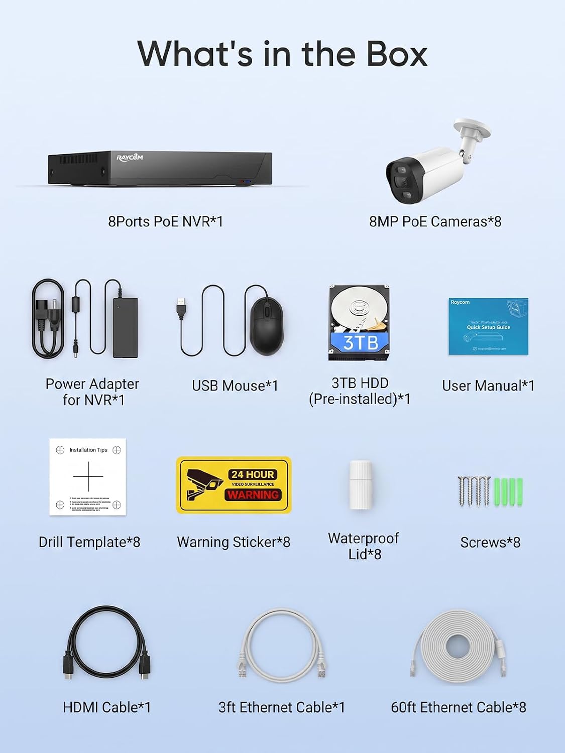 Rraycom 8CH 8MP PoE Security Camera System, Outdoor Cameras, 3TB HDD