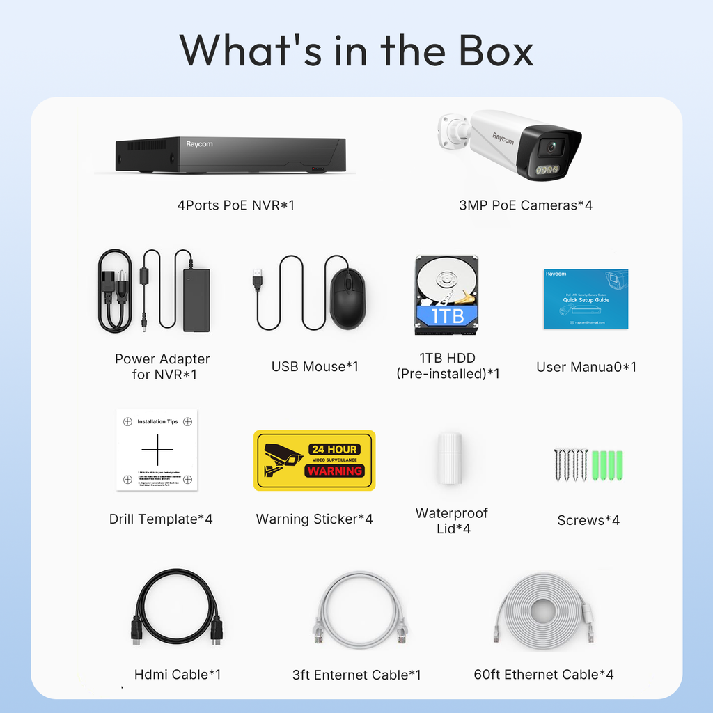 Rraycom 4CH POE Security camera system with 4 cameras with 1TB hard drive