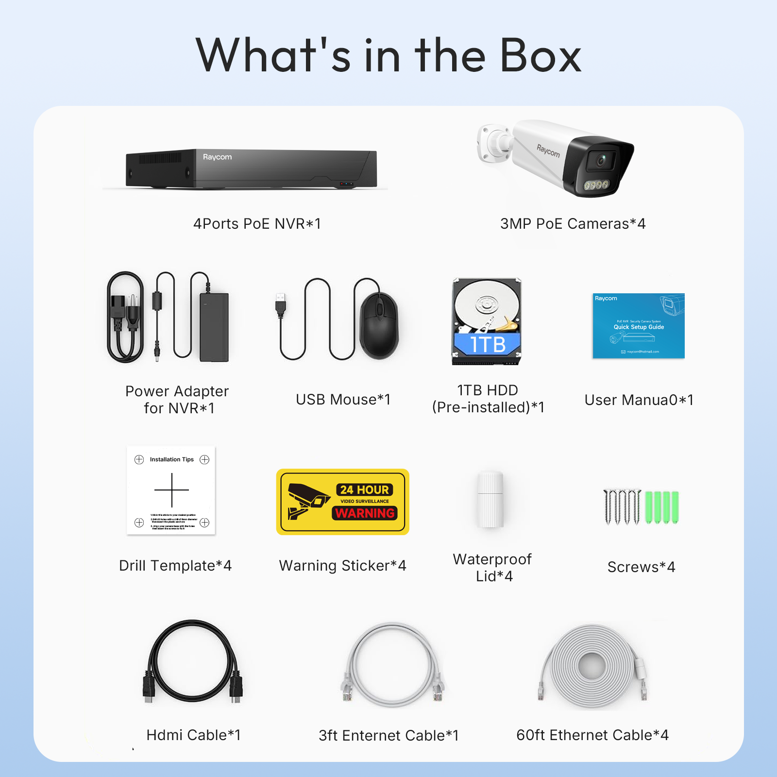 Rraycom 4CH POE Security camera system with 4 cameras with 1TB hard drive